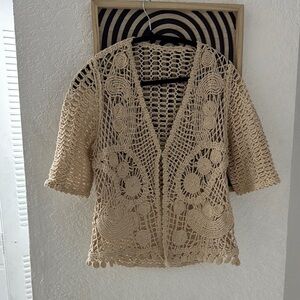 Chico's Tan Crochet Vest with Intricate Design